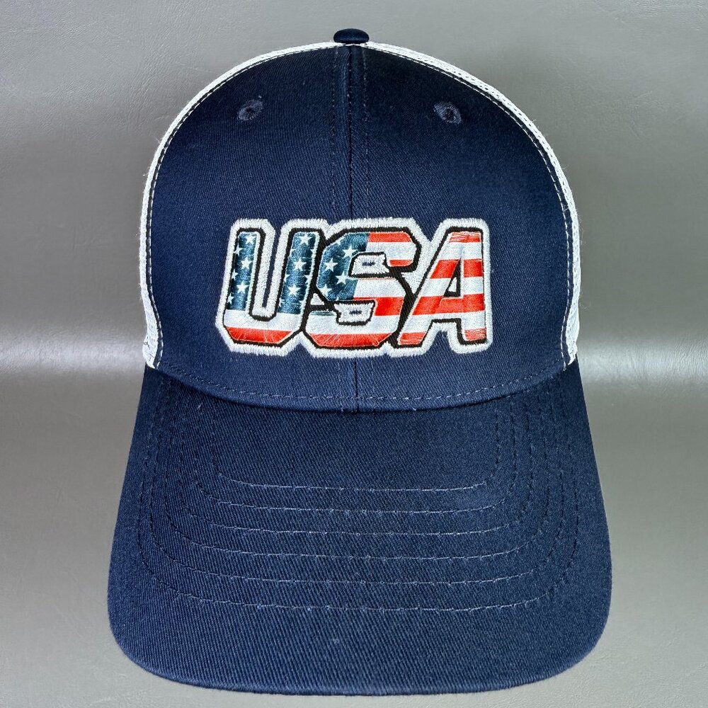 USA American Flag Patriotic Hat Blue White Mesh Snapback Cap OS Golf Tennis Sun